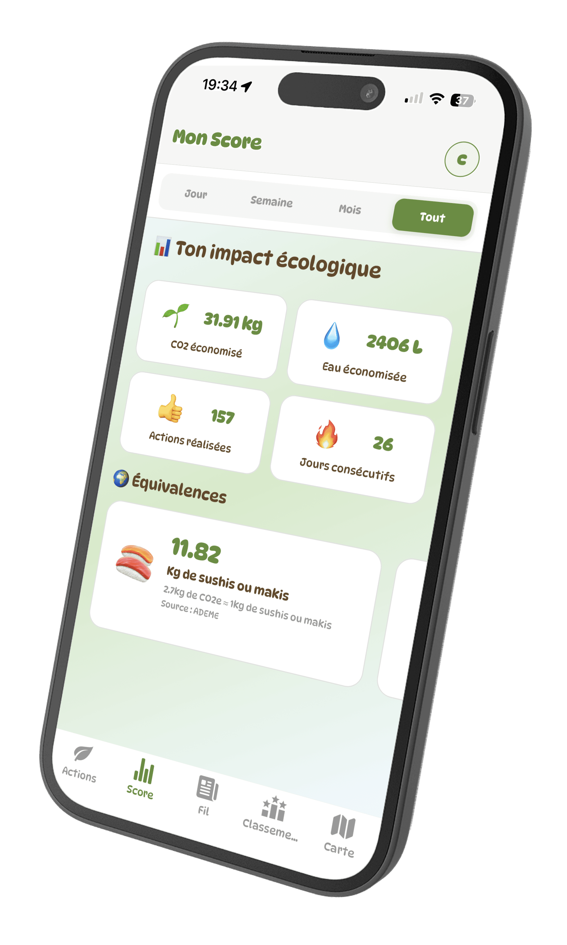Interface de l'application Ez'Green montrant les actions écologiques quotidiennes